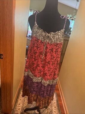 Anthropologie Red Purple Brown Patterned Midi Dress